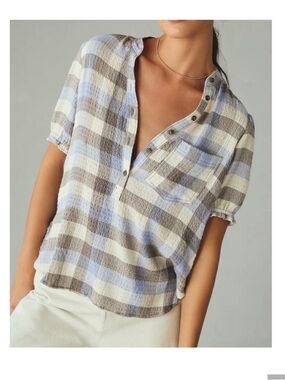 Anthropologie Plaid Puff-Sleeve Button Henley Top in Blue, Cream & Brown